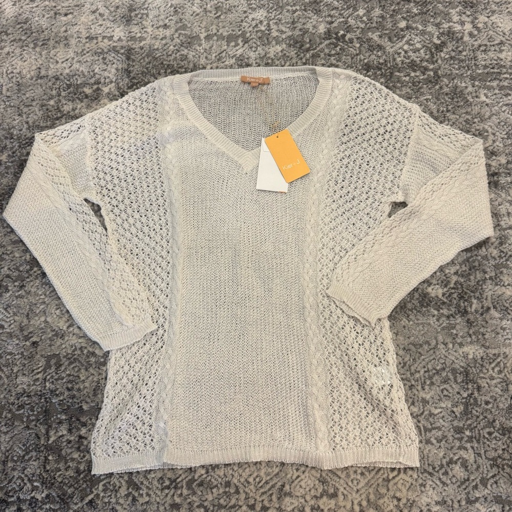 NWT Kier + J Lightweight White Cotton/Linen Knit Top